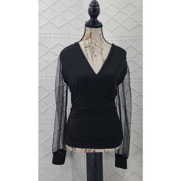 Black Deep V neck sheer rhinestone embellished puffy sleeve top glam size M - Picture 3 of 12